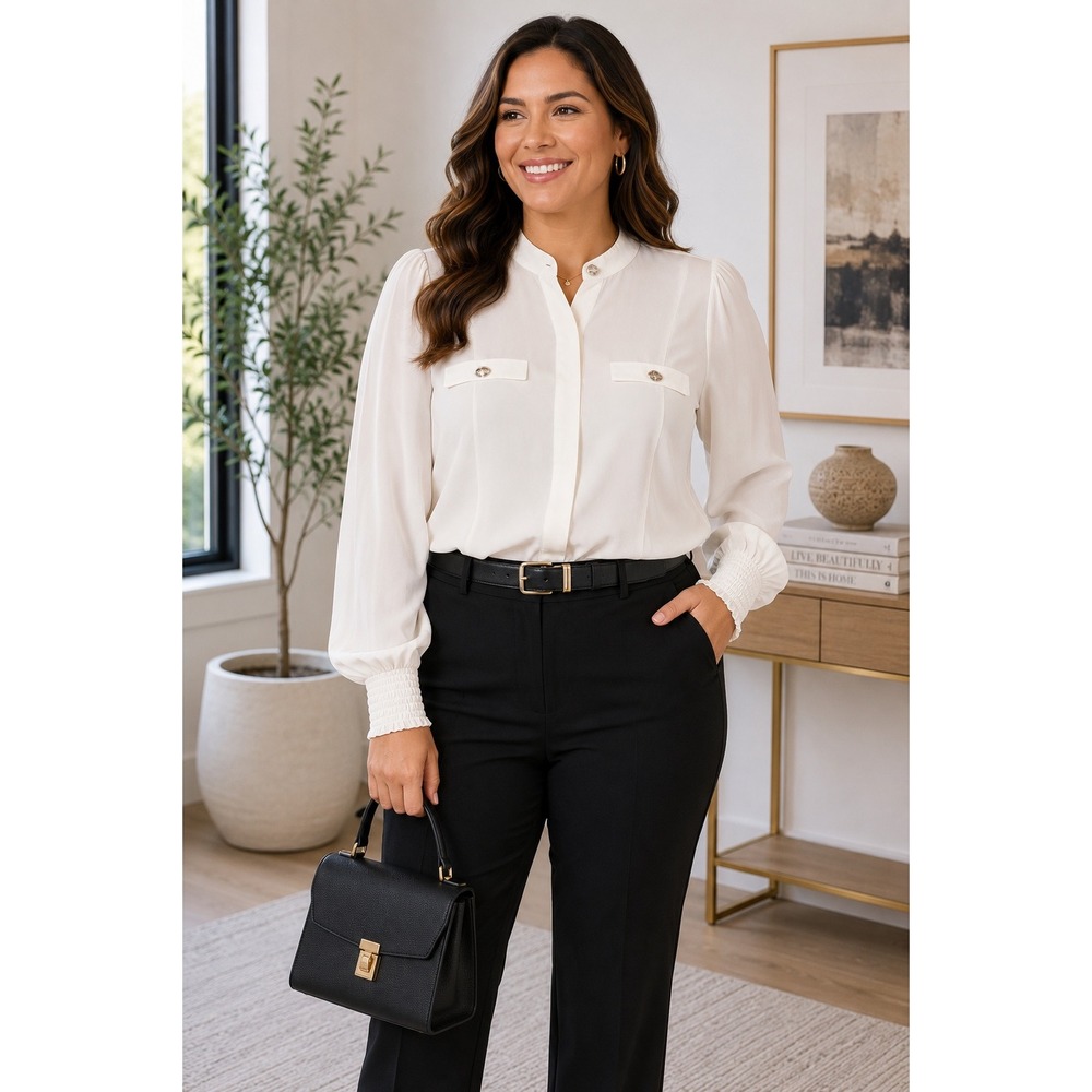 White House Black Market Ivory Hidden Button Blouse Size 8 Elegant Career Top
